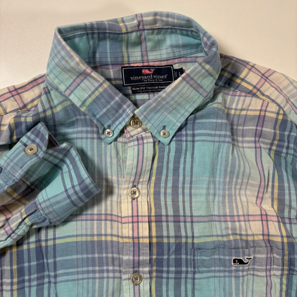 Vineyard‎ Vines Slim Fit Tucker Shirt Large Blue Pastel Plaid Linen Blend